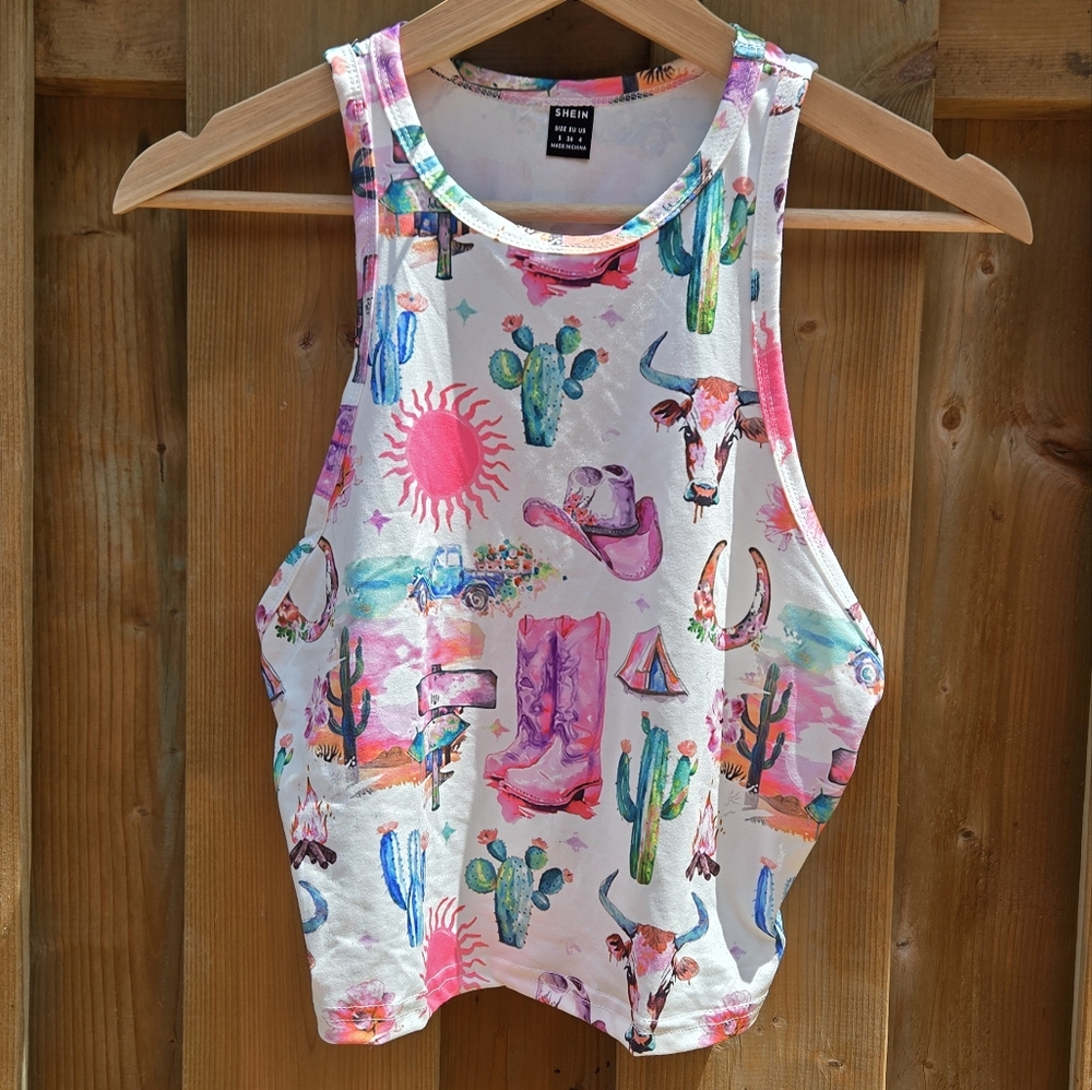 3/$20 SHEIN Pink Western Print High Neck Cami Cropped, Medium